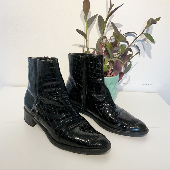 Shoes - ARNOLD CHURGIN Black Leather Faux Python Glossy Boots